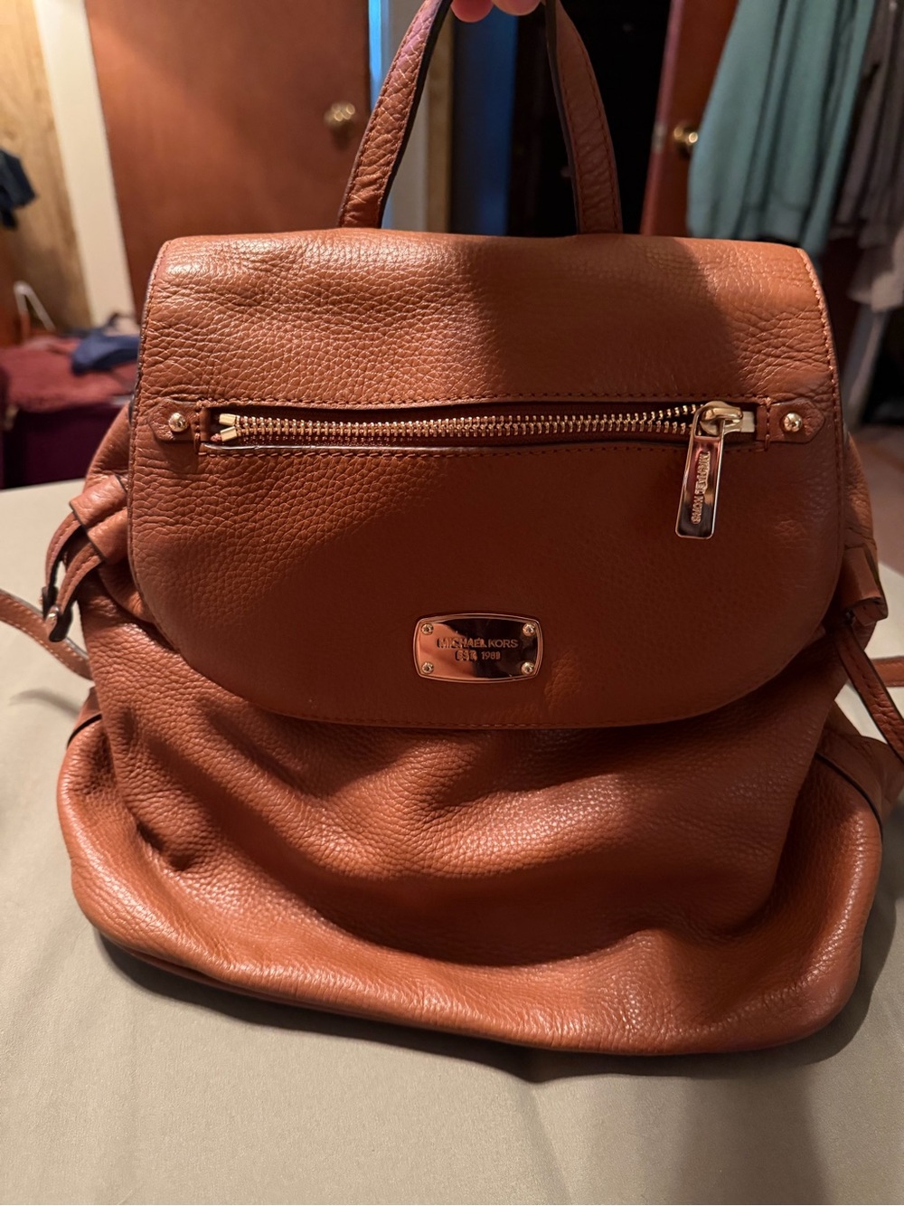 Michael Kors Cognac Pebbled Leather Backpack with Gold Hardware